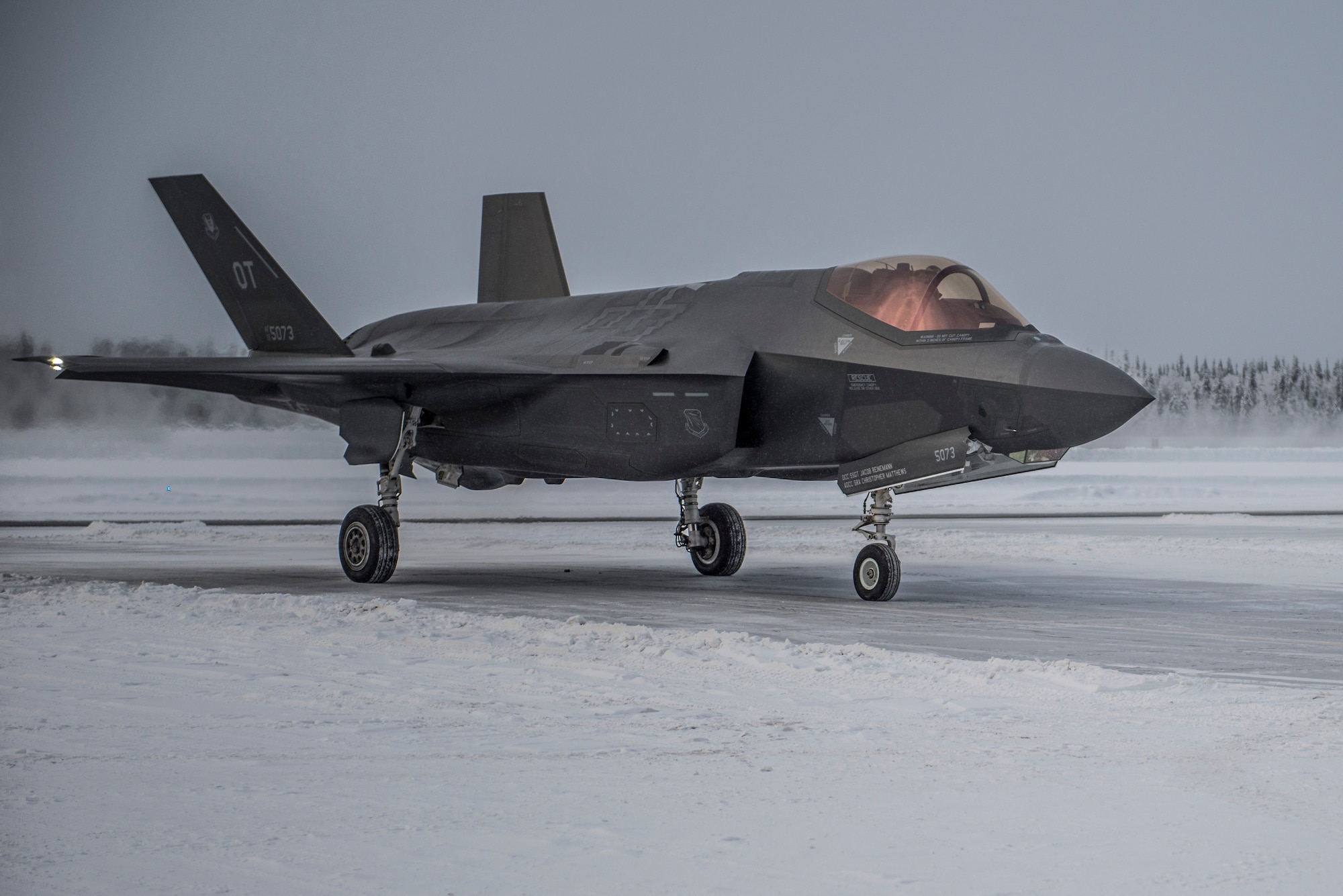 A U.S. Air Force F-35A Lightning II sits on the flight line during pre-Initial Operational Testing and Evaluation on Jan. 23, 2018, at Eielson Air Force Base, Alaska. All three variants of the F-35 were brought to Eielson to test their ability to operate in an extreme cold-weather environment. (U.S. Air Force photo by Airman 1st Class Isaac Johnson)