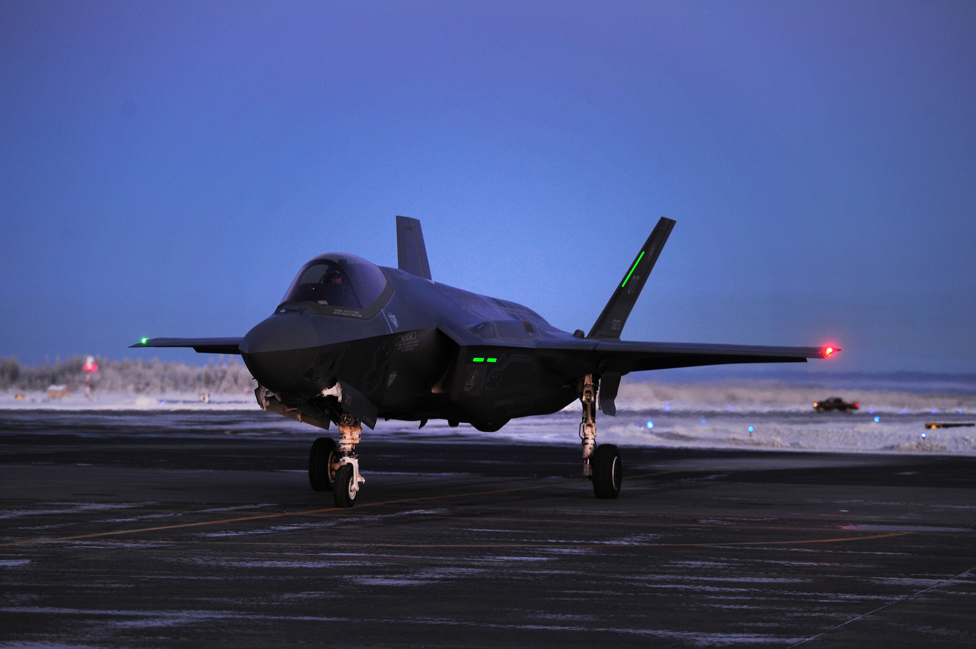 A U.S. Air Force F-35A Lightning II multi-role fighter aircraft waits to take off Feb. 2, 2018 at Eielson Air Force Base, Alaska. The Joint Strike Fighter Operational Test Team consists of Air Force, Marine and Navy personnel responsible for conducting and evaluating operational tests on the F-35. (U.S. Air Force photo by Airman 1st Class Eric M. Fisher)