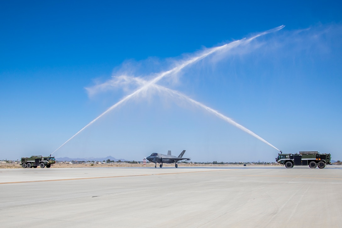 A U.S. Marine Corps F-35B Lightning II with Marine Fighter Attack Squadron 122 returns from deployment with the 15th Marine Expeditionary Unit (MEU) to Marine Corps Air Station Yuma, Arizona, May 18, 2021. The 15th MEU returned from a seven-month deployment to the U.S. 3rd, 5th, 6th, and 7th Fleet areas of operation, serving as a crisis-response force for combatant commanders in the Africa, Central and Indo-Pacific commands. (U.S. Marine Corps photo by Lance Cpl. Matthew Romonoyske-Bean)