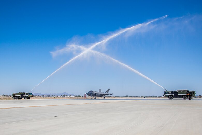 A U.S. Marine Corps F-35B Lightning II with Marine Fighter Attack Squadron 122 returns from deployment with the 15th Marine Expeditionary Unit (MEU) to Marine Corps Air Station Yuma, Arizona, May 18, 2021. The 15th MEU returned from a seven-month deployment to the U.S. 3rd, 5th, 6th, and 7th Fleet areas of operation, serving as a crisis-response force for combatant commanders in the Africa, Central and Indo-Pacific commands. (U.S. Marine Corps photo by Lance Cpl. Matthew Romonoyske-Bean)