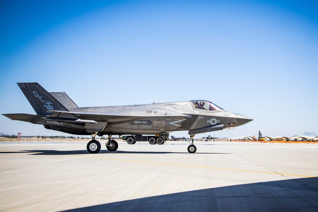 A U.S. Marine Corps F-35B Lightning II with Marine Fighter Attack Squadron 122 returns from deployment with the 15th Marine Expeditionary Unit (MEU) to Marine Corps Air Station Yuma, Arizona, May 18, 2021.