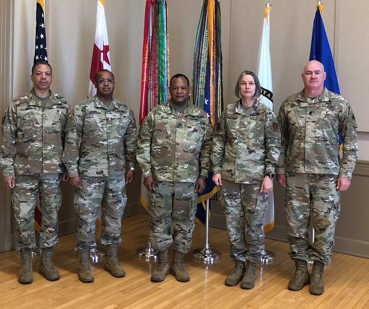 U.S. Air Force Maj. Gen. Sherrie McCandless, interim commanding general, District of Columbia National Guard; U.S. Army Brig. Gen. Aaron Dean, adjutant general, D.C. National Guard; U.S. Army Maj. Baron Mason, director, State Partnership Program; and U.S. Army Command Sgt. Maj. Michael Brooks, senior enlisted leader participated virtually in the 2021 African Land Forces Summit, May 19, 2021.