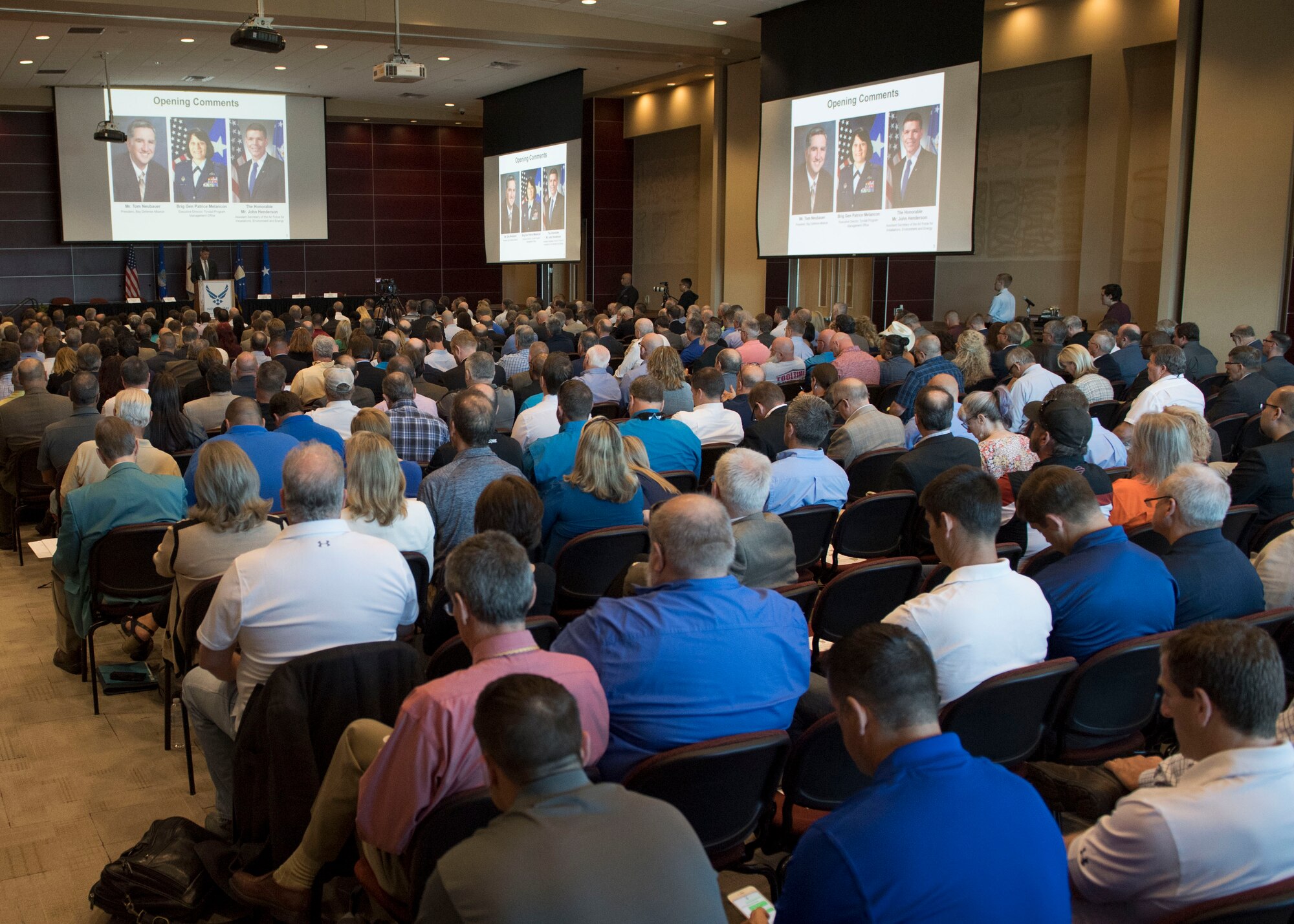 Brig. Gen. Patrice A. Melancon, Tyndall Air Force Base Reconstruction Program Management Office executive director and others meet with contractors and local representatives during Tyndall Industry Day Jan. 31, 2019, at Florida State University in Panama City, Fla.