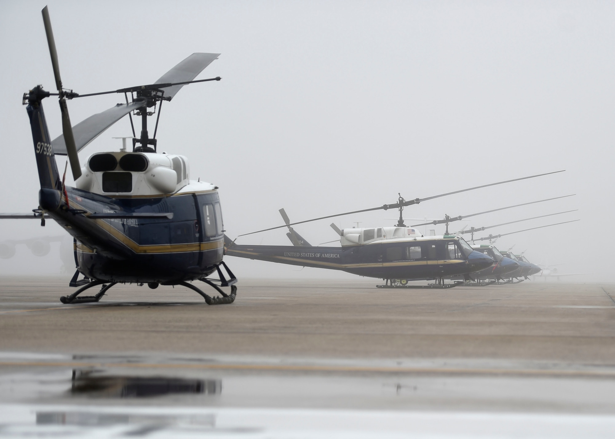 Multiple UH-1N Iroquois “Huey” aircraft from the 1st Helicopter Squadron sit on the flightline at Joint Base Andrews, Md., Dec. 17, 2019. The 1st HS is the Air Force's largest operational helicopter squadron and provides contingency response in the National Capital Region.  (U.S. Air Force photo by Airman 1st Class Spencer Slocum)