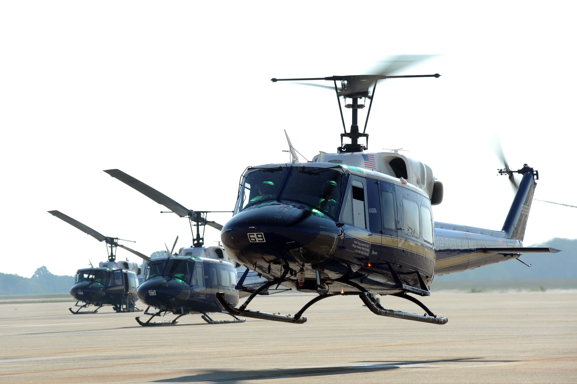 A UH-1N Huey helicopter belonging to the 1st Helicopter Squadron departs for a mission at Joint Base Andrew, Md. June 24, 2010. The 1 HS is responsible for alert contingency response for the National Capital Region. (U.S. Air Force photo by Senior Airman Melissa V. Brownstein)