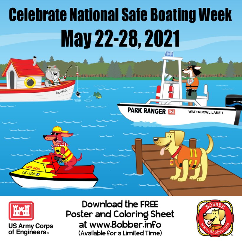 Celebrate National Safe Boating Week with Bobber the Water Safety Dog & friends! Download a free coloring sheet and poster at www.Bobber.info. While you’re there, enjoy watching some Bobber cartoons and download the Bobber Trading Cards to play the 1-2-3 Splash Game. #USACEeducates