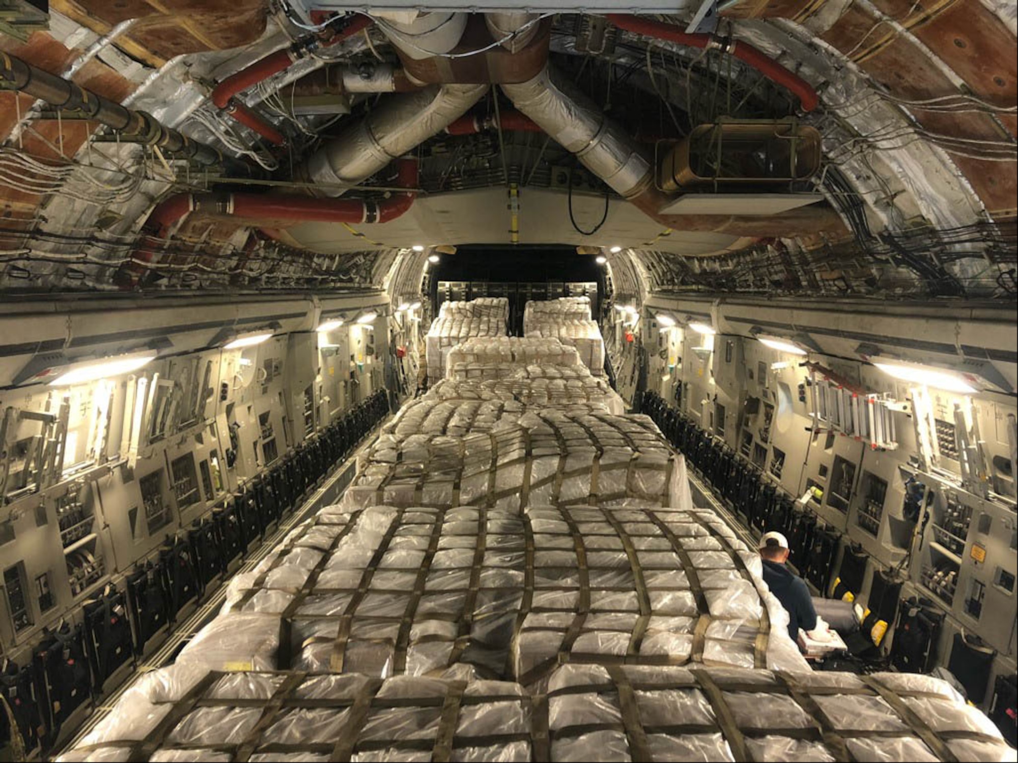 As part of a U.S. Department of Health and Human Services-led, whole-of-government effort, AMC transported a shipment of 13 pallets containing 500,000 COVID-19 sampling swabs aboard a 164th Airlift Wing C-17 Globemaster III from Aviano Air Base, Italy, to the Memphis, TN, Air National Guard Baser, March 17, 2020..