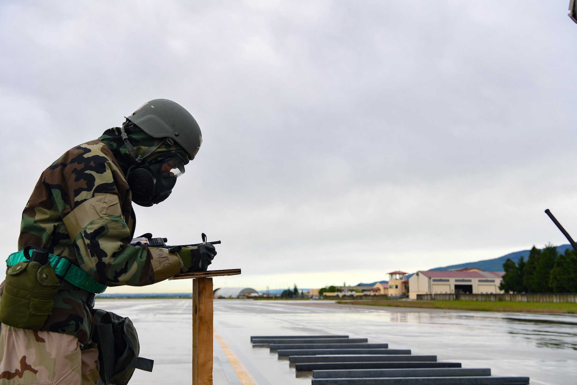 U.S. Air Force Airman Jaden Boswell, 724th Air Mobility Squadron freight service technician, conducts Personnel Accountability Report (PAR) checks during Nodal Lightning at Aviano Air Base, Italy, May 19, 2021. Boswell was one of two PAR teams during exercise Nodal Lightning. (U.S. Air Force photo by Airman 1st Class Thomas S. Keisler IV)