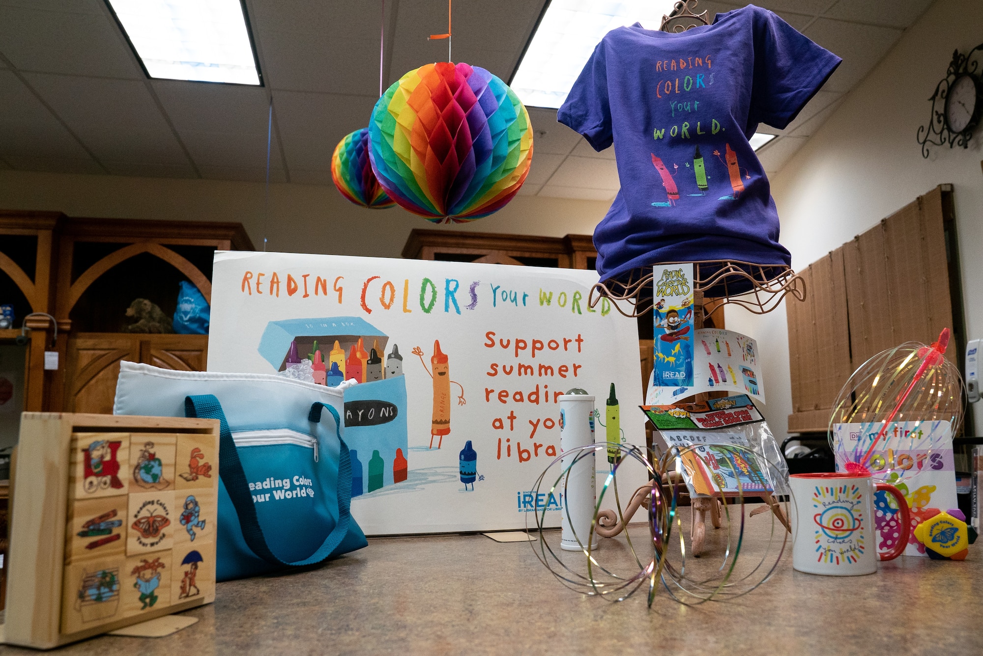 Prizes for the library’s summer reading program sit on display at Joint Base Elmendorf-Richardson, Alaska, May 20, 2021. Participants in the program will be able to log minutes read to earn a variety of prizes. U.S. Air Force photo by Airman 1st Class Patrick Sullivan.