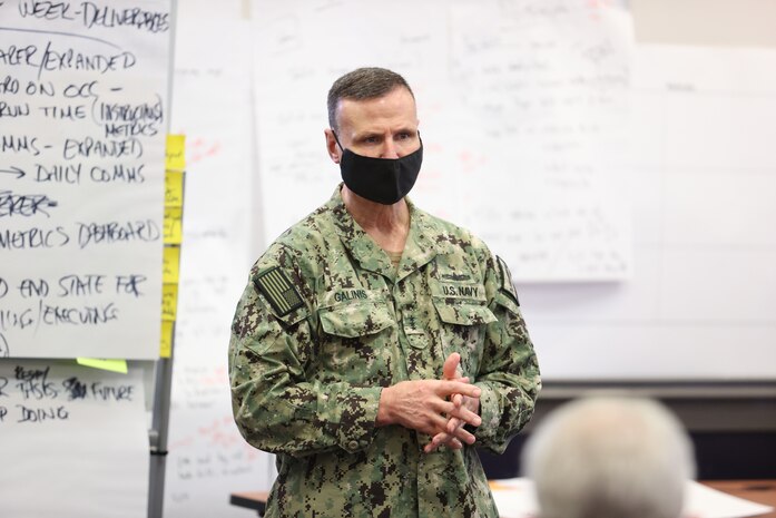 NAVSEA Commander, Vice Adm. Bill Galinis, speaks to attendees about the importance of consistency and standardization at the weeklong Naval Sustainment System—Shipyards (NSS-SY) workshop at Norfolk Naval Shipyard (NNSY)  May 19.  The workshop brought together ship-maintenance experts, or “champions,” from the four public shipyards, along with NAVSEA personnel who oversee the shipyards’ operations.