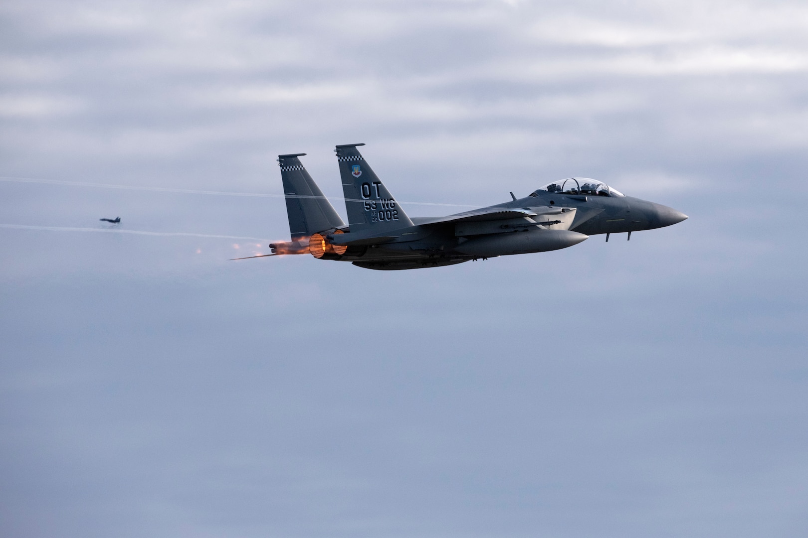 A U.S. Air Force F-15EX Eagle assigned to the 53rd Wing out of Eglin Air Force Base, Fla., takes off in support of Northern Edge 21 at Joint Base Elmendorf-Richardson, Alaska, May 12, 2021. Approximately 15,000 U.S. service members participated in a joint training exercise hosted by U.S. Pacific Air Forces May 3-14, 2021, on and above the Joint Pacific Alaska Range Complex, the Gulf of Alaska, and temporary maritime activities area.