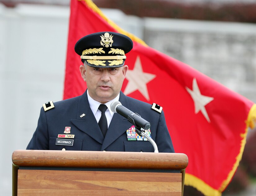 Maj. Gen. Mark McCormack, commander of the 28th Infantry Division, Pennsylvania Army National Guard, thanks viewers for attending the 2021 Memorial Service through a Facebook live event. Approximately 30 soldiers with the division’s headquarters battalion conducted the service which was scaled down from its usual pageantry and attendance due to COVID-19.