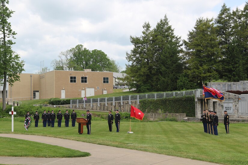 Soldiers with Headquarters and Headquarters Battalion, 28th Infantry Division conduct an annual memorial service Sunday, May 23, 2021, at the division’s shrine on the grounds of the Pennsylvania Military Museum. The COVID-19 pandemic canceled the 2020 event. The 2021 event was not open to a large audience but was available live on the 28th Infantry Division Facebook page.