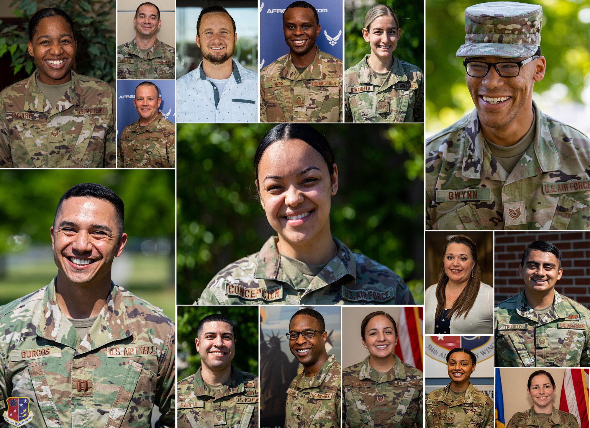 Airmen and civilians from around the 514th Air Mobility Wing show off their smiles after more than a year of mandated mask wear. The Center for Disease Control and Prevention recently advised that individuals who are vaccinated against COVID-19 no longer need to wear masks in public.