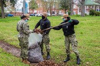 Petty Officers Francheska Keith, Astrid Santiago and Christian Woods participate in the Second Class Petty Officer Association (SCPOA) cleanup efforts by bagging leaves in Norfolk Naval Shipyard’s (NNSY’s) historic Trophy Park.  These efforts are the first of several landscape restoration and cleanup projects in NNSY’s historic Trophy Park.