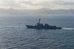 The Arleigh-Burke class guided-missile destroyer USS Thomas Hudner (DDG 116) transits the Strait of Gibraltar, March 8, 2021. The IKE Carrier Strike Group is on a scheduled deployment in the U.S. Sixth Fleet area of operations in support of U.S. national interests and security in Europe and Africa.