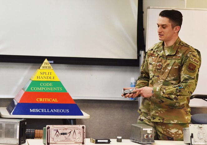 Capt. Alexander Garland, 341st Operations Support Squadron nuclear cryptographic operator, handles nuclear launch code training equipment May 19, 2021, on Malmstrom Air Force Base, Mont. A launch code can be stored in an analog format on a physical object, which greatly increases the security of the launch process. (U.S. Air Force photo by Tech. Sgt. Joseph Park)
