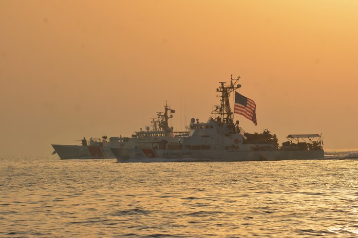 210524-G-N0146-0073 ARABIAN GULF (May 24, 2021) – Patrol boat USCGC Maui (WPB 1304) and fast response cutter USCGC Robert Goldman (WPC 1142) transit the Arabian Gulf en  route to Bahrain, May 24. Robert Goldman and USCGC Charles Moulthrope (WPC 1141) are the newest additions to Patrol Forces Southwest Asia (PATFORSWA), which is comprised of six 110' cutters, the Maritime Engagement Team, shore side support personnel, and is the Coast Guard's largest unit outside of the U.S. playing a key role in supporting Navy security cooperation, maritime security, and maritime infrastructure protection operations in the U.S. 5th Fleet area of operations. (U.S. Coast Guard photo by Seaman Logan Kaczmarek)