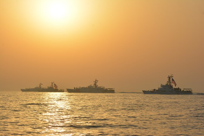 210524-G-N0146-0094 ARABIAN GULF (May 24, 2021) – Fast response cutters USCGC Robert Goldman (WPC 1142) and USCGC Charles Moulthrope (WPC 1141), and patrol boats USCGC Maui (WPB 1304) and Adak (WPB 1333) transit the Arabian Gulf en route to Bahrain, May 24. Robert Goldman and Charles Moulthrope are the newest additions to Patrol Forces Southwest Asia (PATFORSWA), which is comprised of six 110' cutters, the Maritime Engagement Team, shore side support personnel, and is the Coast Guard's largest unit outside of the U.S. playing a key role in supporting Navy security cooperation, maritime security, and maritime infrastructure protection operations in the U.S. 5th Fleet area of operations. (U.S. Coast Guard photo by Seaman Logan Kaczmarek)