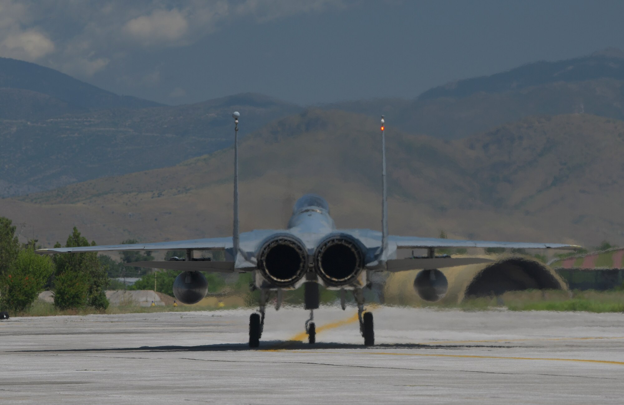 A U.S. Air Force F-15C Eagle assigned to the 493th Fighter Squadron taxis after a sortie during exercise Astral Knight 21 at Larissa Air Base, Greece, May 17, 2021. U.S. forces routinely train with allied nations to ensure the ready capability, strength and commitment of those partnerships to deter and defend against emerging adversaries. (U.S. Air Force photo by Tech. Sgt. Alex Fox Echols III)