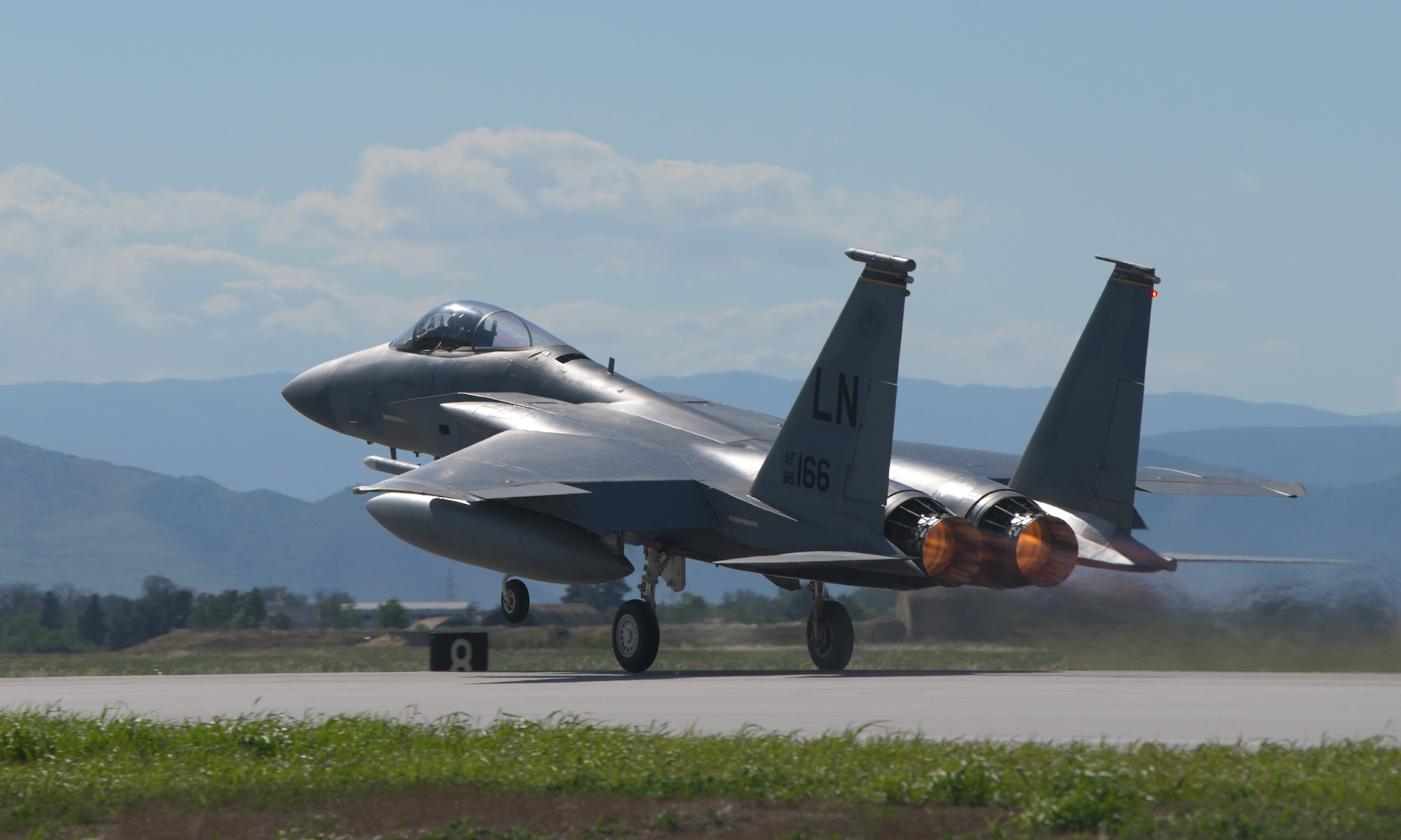 A U.S. Air Force F-15C Eagle assigned to the 493rd Fighter Squadron takes off during exercise Astral Knight 21 at Larissa Air Base, Greece, May 17, 2021. During exercises like Astral Knight, U.S. forces sharpen their ability to deploy capable, credible forces to operate from strategic locations enabled by strong regional partnerships. (U.S. Air Force photo by Tech. Sgt. Alex Fox Echols III)