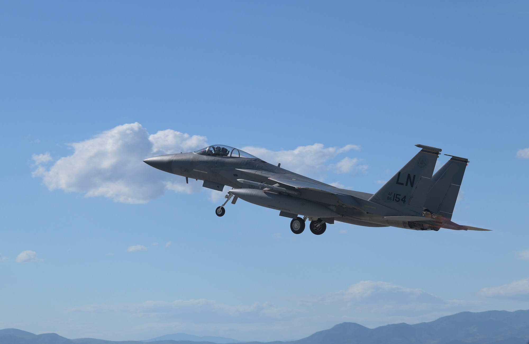 A U.S. Air Force F-15C Eagle assigned to the 493rd Fighter Squadron takes off during exercise Astral Knight 21 at Larissa Air Base, Greece, May 17, 2021. Astral Knight is a multinational exercise designed to enhance interoperability between the U.S. and its NATO allies. (U.S. Air Force photo by Tech. Sgt. Alex Fox Echols III)