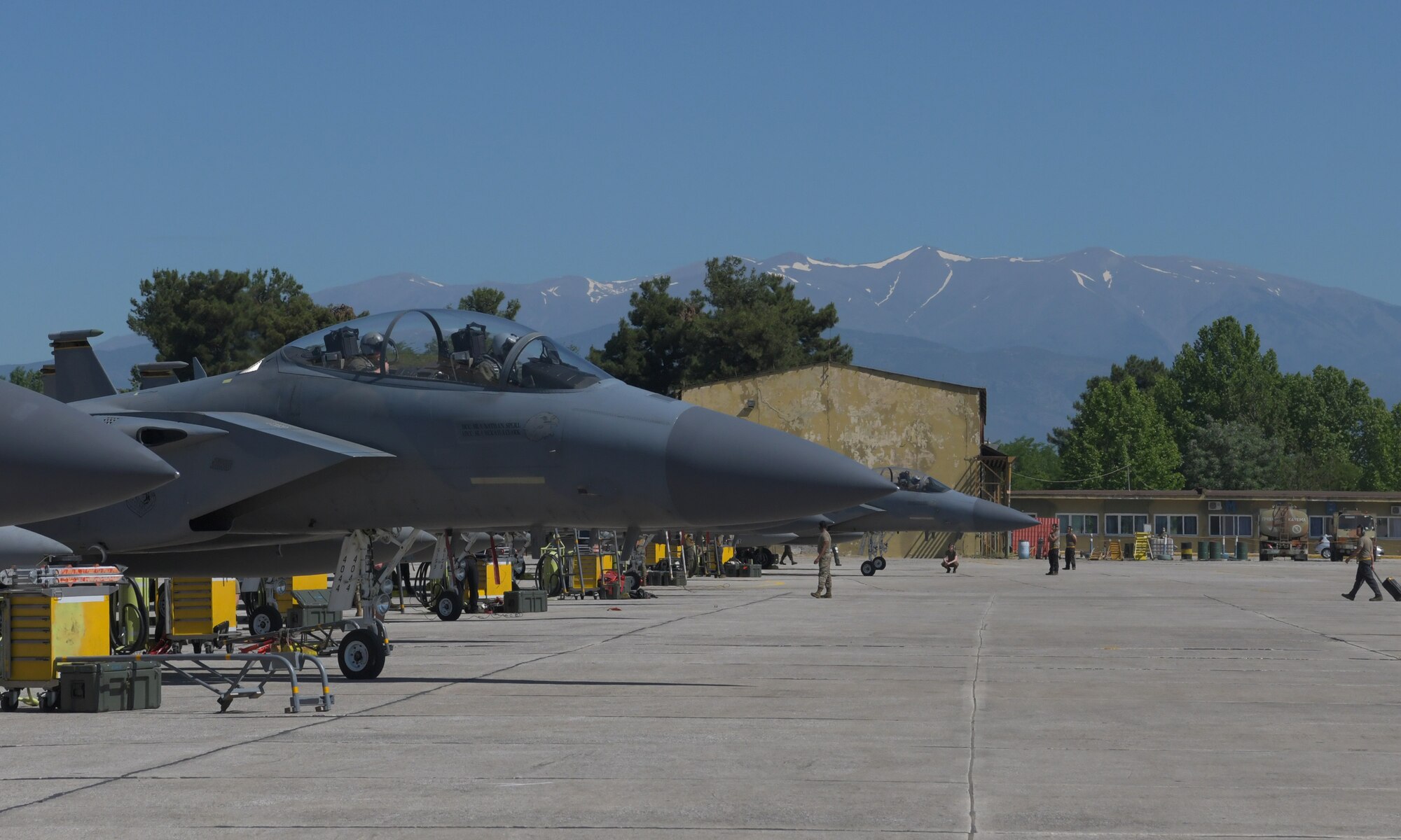 A U.S. Air Force F-15D Eagle assigned to the 493rd Fighter Squadron prepares to taxi prior to take-off during exercise Astral Knight 21 at Larissa Air Base, Greece, May 19, 2021. The 48th Fighter Wing trained and integrated with allied NATO nations during Astral Knight 21, May 17 - 21, 2021, strengthening partnerships and rapid deployment capabilities. (U.S. Air Force photo by Tech. Sgt. Alex Fox Echols III)