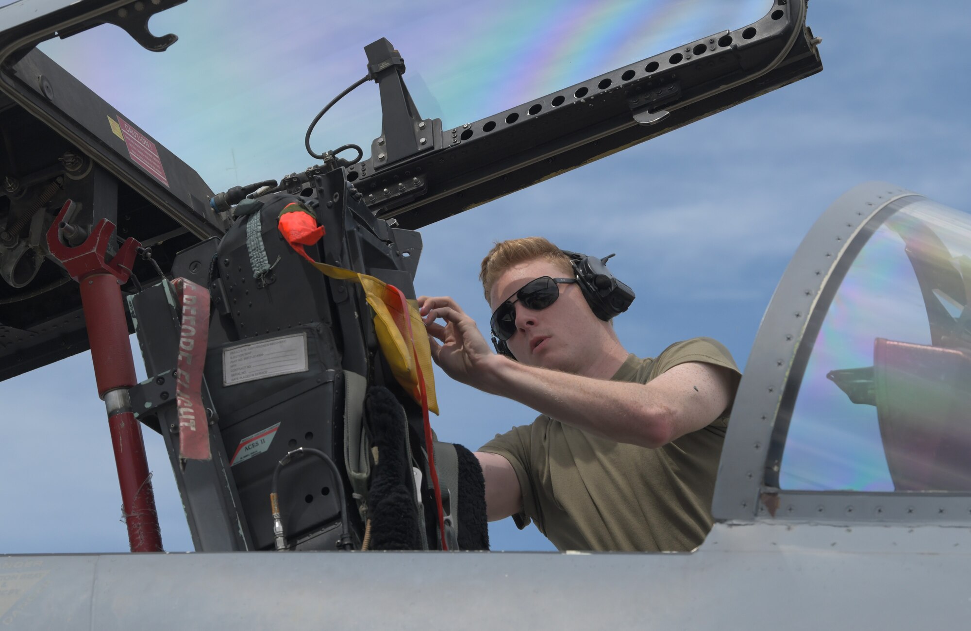 U.S. Air Force Airman 1st Class Thomas Sullivan, 748th Aircraft Maintenance Squadron crew chief, performs post flight recovery duties on an F-15C Eagle assigned to the 493rd Fighter Squadron during exercise Astral Knight 21 at Larissa Air Base, Greece, May 20, 2021. The 48th Fighter Wing deployed 12 F-15C/D Eagles and more than 250 Airmen from the 493rd FS, 748th AMXS and other supporting units to participate in the exercise. (U.S. Air Force photo by Tech. Sgt. Alex Fox Echols III)