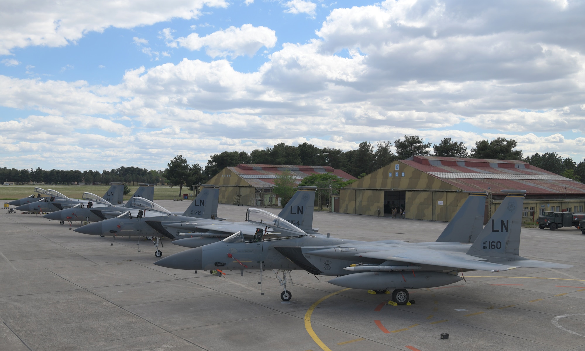 U.S. Air Force F-15C Eagles assigned to the 493th Fighter Squadron are parked on the flightline during exercise Astral Knight 21 at Larissa Air Base, Greece, May 21, 2021. The 48th Fighter Wing deployed 12 F-15C/D Eagles and more than 250 Airmen from the 493rd FS, 748th Aircraft Maintenance Squadron and other supporting units to participate in the exercise. (U.S. Air Force photo by Tech. Sgt. Alex Fox Echols III)