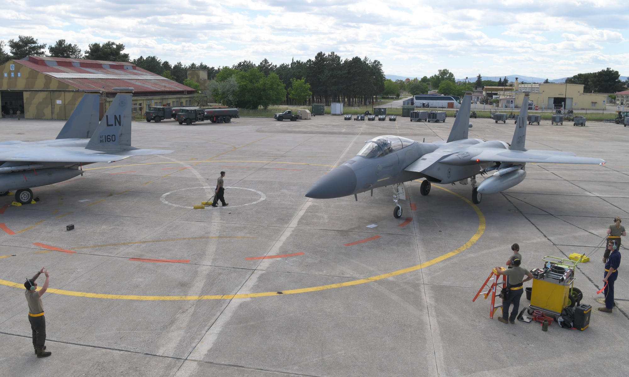 A U.S. Air Force F-15C Eagle assigned to the 493th Fighter Squadron parks after a sortie during exercise Astral Knight 21 at Larissa Air Base, Greece, May 21, 2021. During Astral Knight 21, the Liberty Wing sharpened its ability to deploy capable, credible forces to operate from strategic locations, which is enabled by strong regional partnerships critical for a rapid united response to adversaries around the world. (U.S. Air Force photo by Tech. Sgt. Alex Fox Echols III)