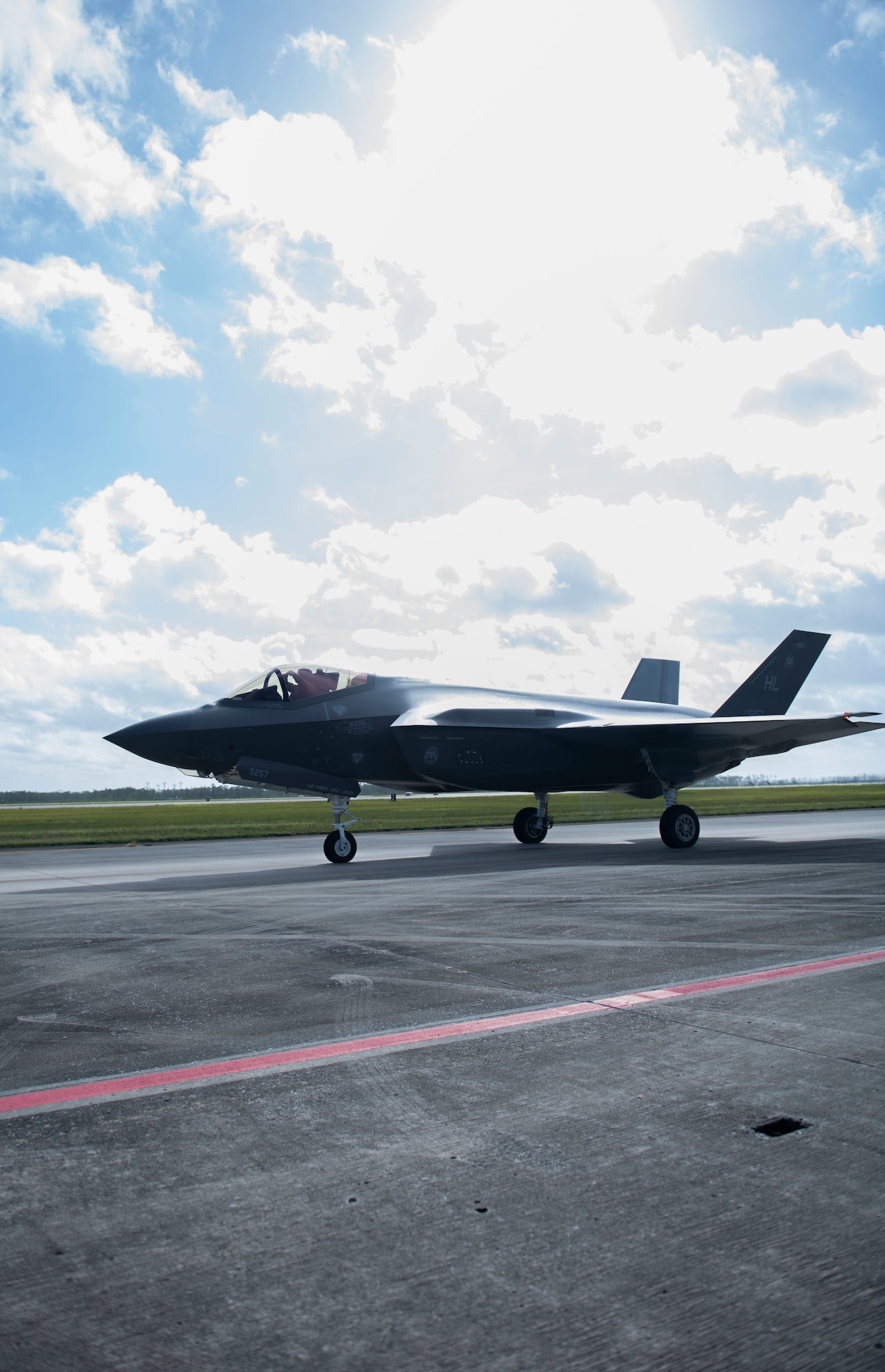 An F-35 aircraft taxing on a runway