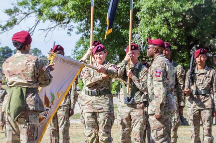 col. Elizabeth Curtis, 82nd Airborne Division Sustainment Brigade commander, participates in a re-activation ceremony of the 82nd Finance Battalion held at Ft. Bragg, North Carolina, May 20, 2021. (U.S. Army photo by Spc. Gerald Holman)