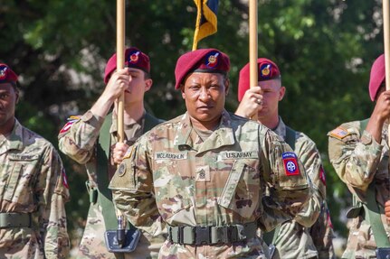 Command Sgt. Maj. LaToya McLaughlin, Command Sergeant Major, 82nd Finance Battalion stands in front o a color guard during a re-activation ceremony at Fort Bragg, North Carolina, May 20, 2021. (U.S. Army photo by Spc. Gerald Holman)