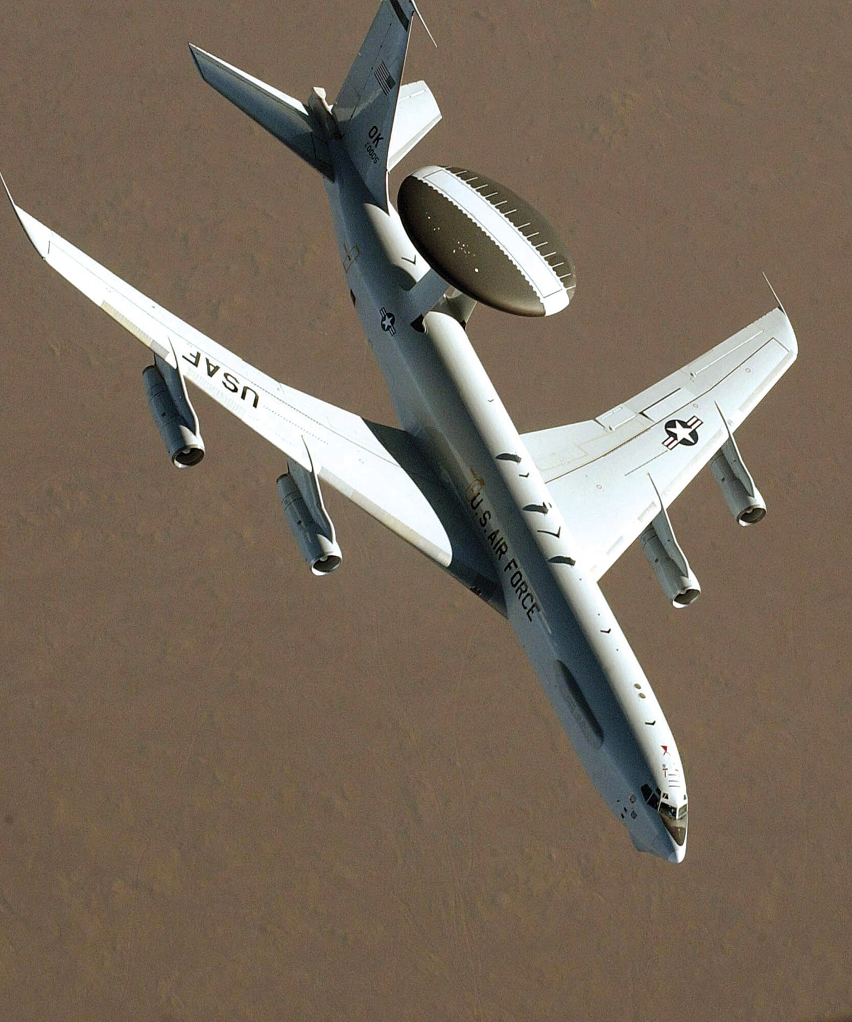 E-3 Sentry (AWACS)
Primary function: Airborne battle management, surveillance, command, control and communications. Speed: 360 mph. Dimensions: Wingspan 130 ft. 10 in.; length 145 ft. 8 in.; height 41 ft. 4 in.; rotodome, 30 ft. diameter, 6 ft. thick, mounted 11 ft. above fuselage. Range: More than eight hours unrefueled. Crew: 17-23. (U.S. Air Force photo by Master Sgt. Dave Ahlschwede)