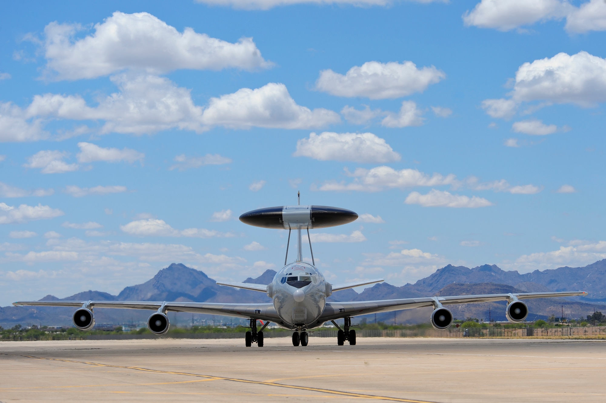 An E-3 Sentry (AWACS) from Tinker Air Force Base, Okla., taxis on the flightline at Davis-Monthan AFB, Ariz., May 16, 2015. Eight AWACS arrived here due to tornado alerts in Oklahoma. (U.S. Air Force photo/Airman 1st Class Chris Massey)