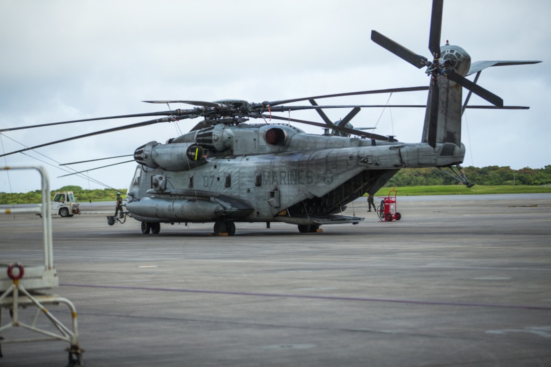 A U.S. Marine Corps CH-53E Super Stallion Helicopter assigned to Marine Heavy Helicopter Squadron 462, prepares for takeoff during an Alert Contingency Marine Air Ground Task Force drill at Marine Corps Air Station Futenma, Okinawa, Japan, May 20, 2021. The ACM exercise is a simulated crisis response drill that must be executed within 24 hours to prepare the Marines of 1st MAW to mitigate emergencies, provide humanitarian aid, and/ or counter threats to U.S. national interests within the Indo-Pacific region.