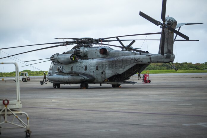 A U.S. Marine Corps CH-53E Super Stallion Helicopter assigned to Marine Heavy Helicopter Squadron 462, prepares for takeoff during an Alert Contingency Marine Air Ground Task Force drill at Marine Corps Air Station Futenma, Okinawa, Japan, May 20, 2021. The ACM exercise is a simulated crisis response drill that must be executed within 24 hours to prepare the Marines of 1st MAW to mitigate emergencies, provide humanitarian aid, and/ or counter threats to U.S. national interests within the Indo-Pacific region.