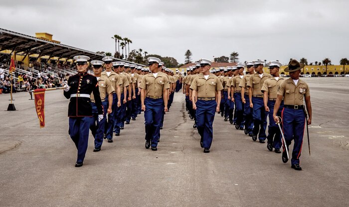 New Marines of Echo Company, 2nd Recruit Training Battalion, participate in a graduation ceremony at Marine Corps Recruit Depot, San Diego, May 20, 2021.