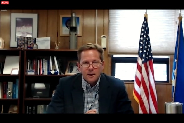 Dr. Kelly Hammett, director of the Air Force Research Laboratory’s Directed Energy Directorate and deputy technology executive officer for Air Force space science and technology, spoke virtually to Ohio Space Forum attendees on May 18 about the many ways AFRL is supporting the space mission. (Photo screenshot by Leslie Heck, AFRL Public Affairs)