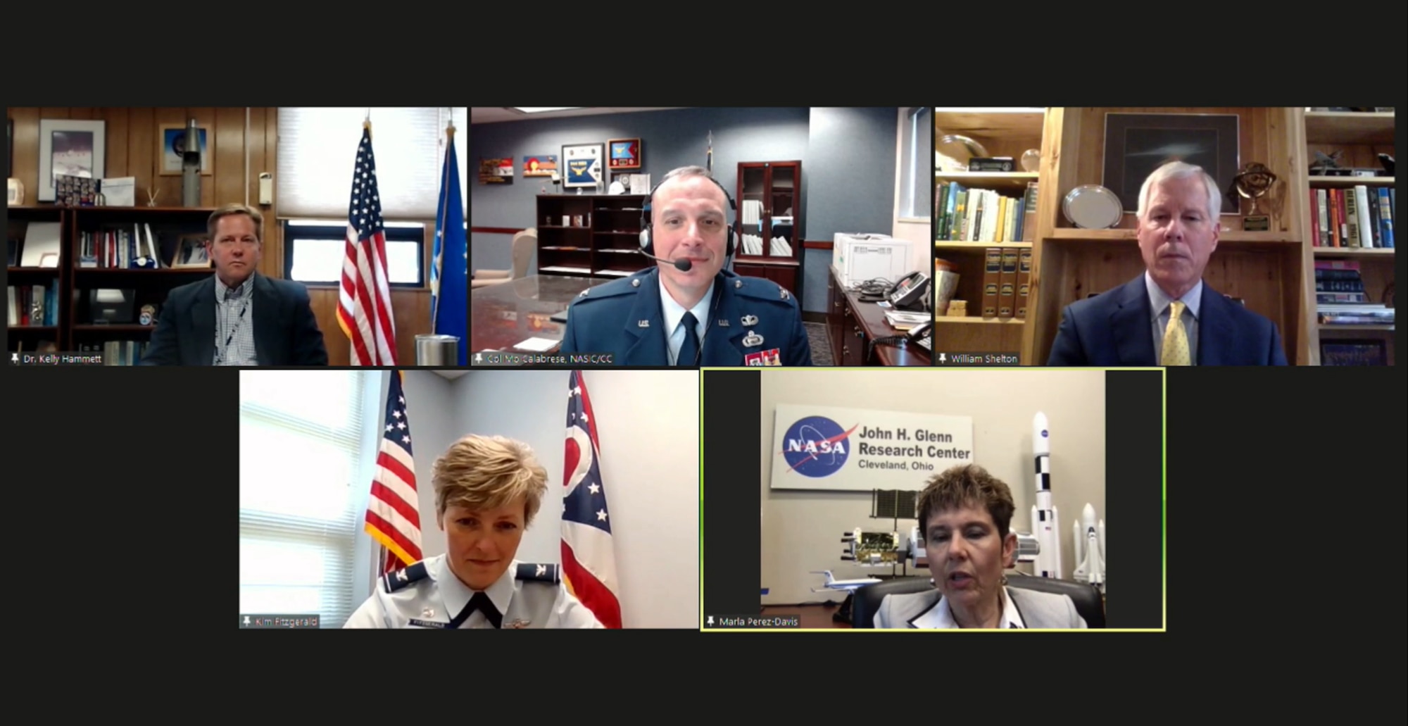 The Air Force Research Laboratory’s Dr. Kelly Hammett (top left) participates in the Ohio Space Forum’s military and federal perspectives panel on May 18, moderated by Gen. (ret.) William Shelton (top right), former commander of Air Force Space Command, along with fellow panelists Col. Mo Calabrese (top center), commander of the National Air and Space Intelligence Center; Dr. Marla Perez-Davis (bottom right), director of NASA’s John H. Glenn Research Center and Col. Kimberly Fitzgerald (bottom left), commander of the 178th Wing. (Photo screenshot by Leslie Heck, AFRL Public Affairs)