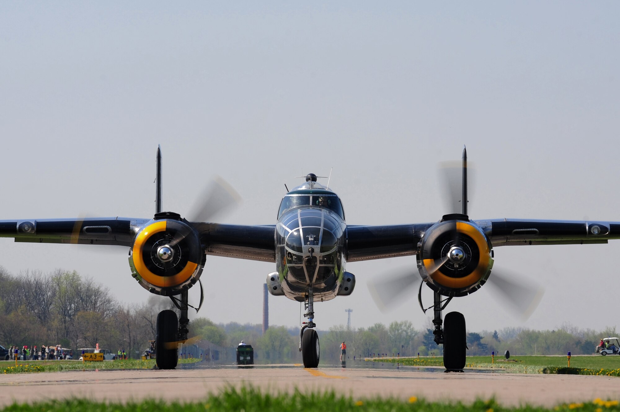 The "Pacific Prowler," a B-25 Mitchell Bomber, taxis the runway at Grimes Field, Ohio, April 15, 2010.  The B-25 crew flew from Fort Worth, Texas, to participate in commemoration flights for the Doolittle Raiders’ 68th reunion at Wright Patterson Air Force Base, Ohio.  The event honors the anniversary of the Doolittle Tokyo Raid.  On April 18, 1942, U.S. Army Air Forces Lt. Col. Jimmy Doolittle’s squad of 16 B-25s bombed targets over Japan in response to the Japanese attack on Pearl Harbor. (U.S. Air Force photo by Tech. Sgt. Jacob N. Bailey / Released)