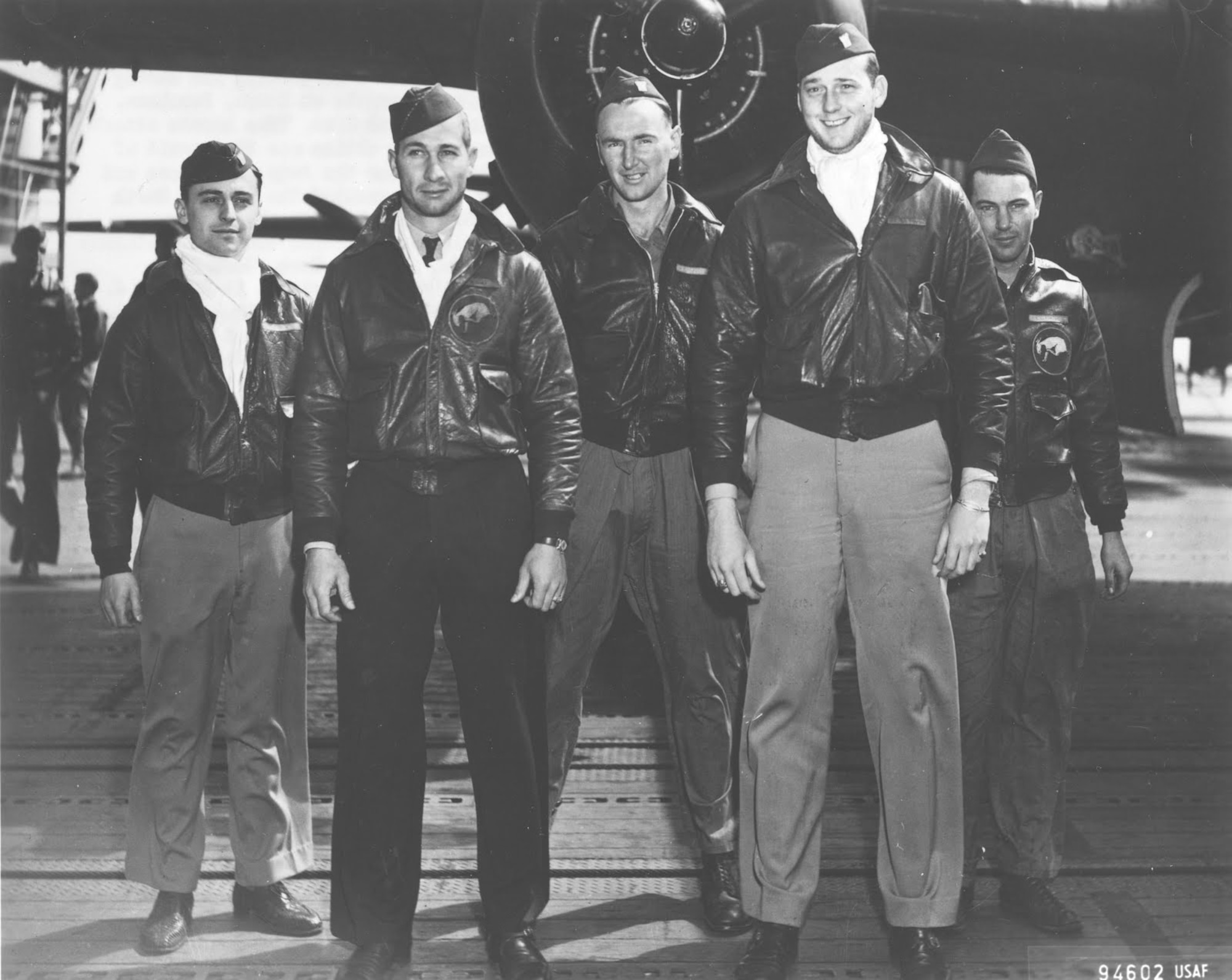 Crew No. 3 (Plane #40-2270, target Tokyo): 95th Bombardment Squadron, Lt. Robert M. Gray, pilot; Lt. Jacob E. Manch, copilot; Lt. Charles J. Ozuk Jr., navigator; Sgt. Aden E. Jones, bombardier; Cpl. Leland D. Faktor, flight engineer/gunner. (U.S. Air Force photo)