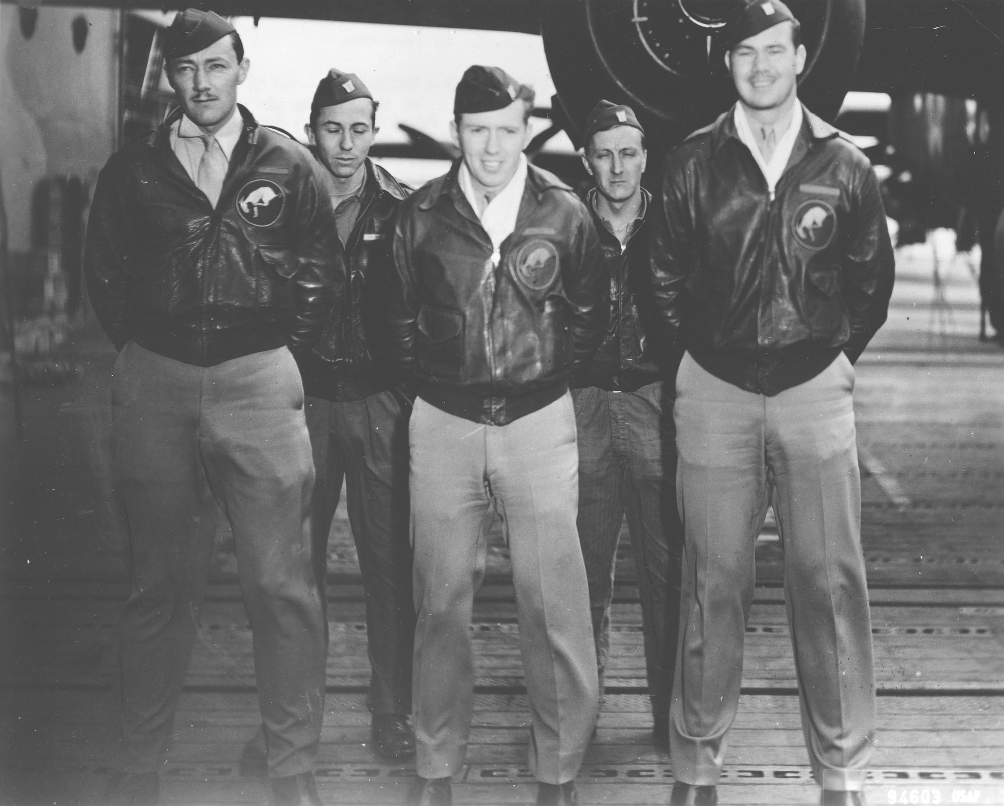 Crew No. 4 (Plane #40-2282, target Tokyo): 95th Bombardment Squadron, Lt. Everett W. Holstrom, pilot; Lt. Lucian N. Youngblood, copilot; Lt. Harry C. McCool, navigator; Sgt. Robert J. Stephens, bombardier; Cpl. Bert M. Jordan, flight engineer/gunner. (U.S. Air Force photo)