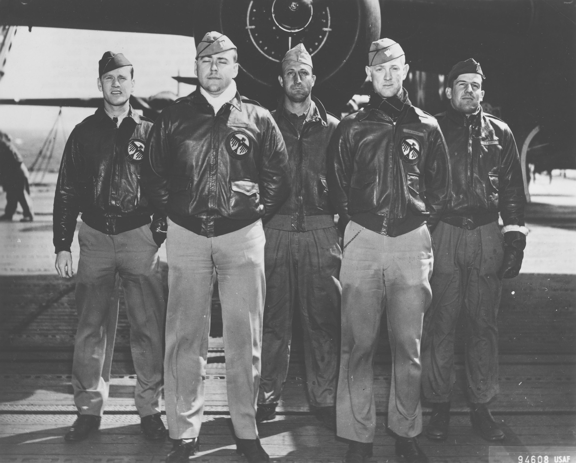 Crew No. 9 (Plane #40-2203, target Tokyo): 34th Bombardment Squadron, Lt. Harold F. Watson, pilot; Lt. James N. Parker Jr., copilot; Lt. Thomas C. Griffin, navigator; Sgt. Wayne M. Bissell, bombardier; TSgt. Eldred V. Scott, flight engineer/gunner. (U.S. Air Force photo)