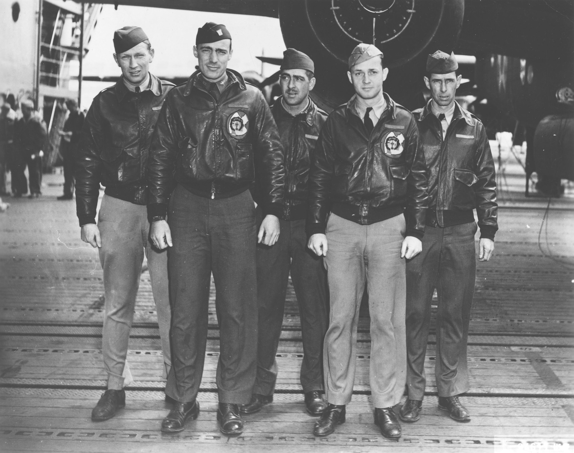 Crew No. 12 (Plane #40-2278, target Yokohama): 37th Bombardment Squadron, Lt. William M. Bower, pilot; Lt. Thadd H. Blanton, copilot; Lt. William R. Pound Jr., navigator; TSgt. Waldo J. Bither, bombardier; SSgt. Omer A. Duquette, flight engineer/gunner. (U.S. Air Force photo)
