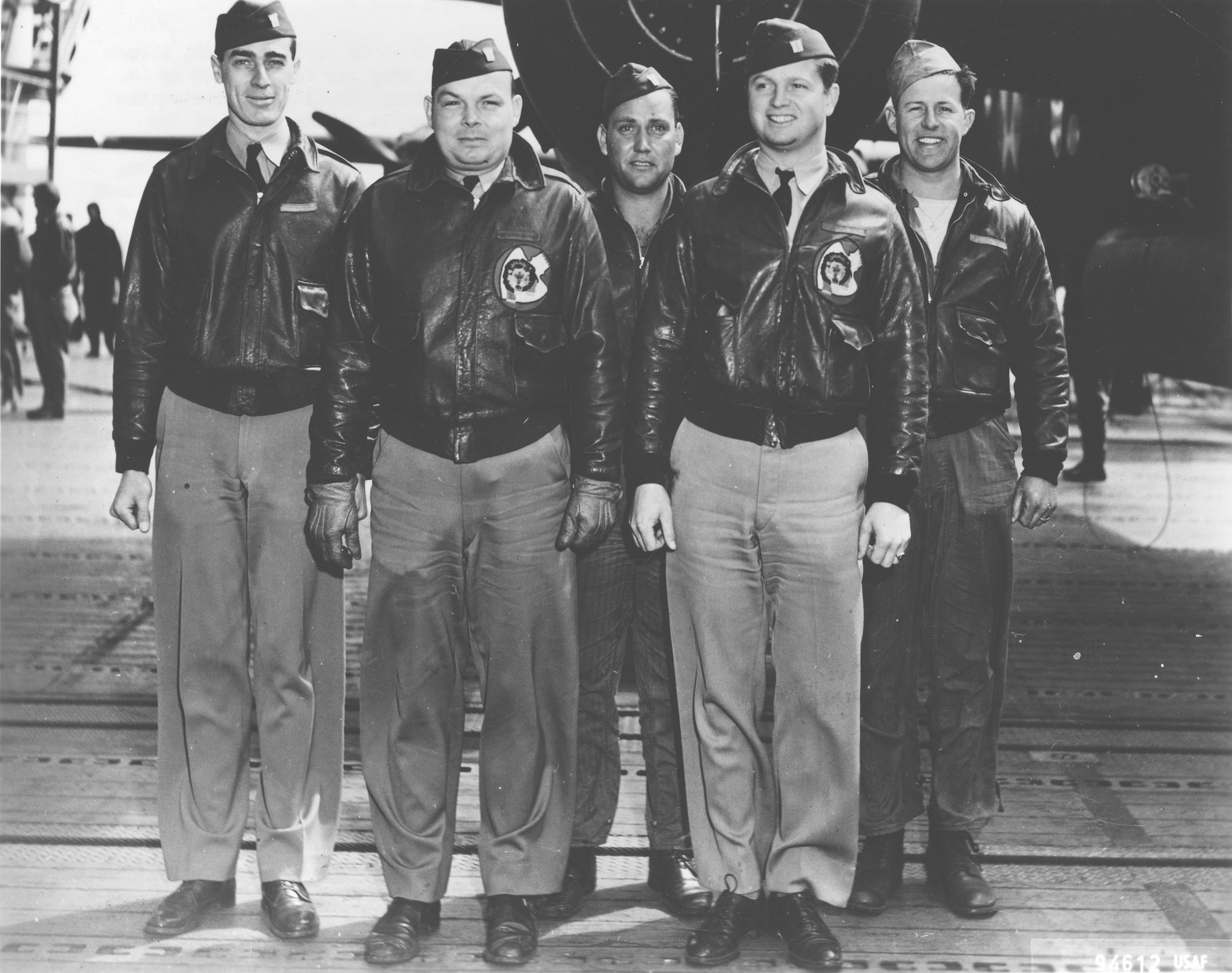 Crew No. 13 (Plane #40-2247, target Yokosuka): 37th Bombardment Squadron, Lt. Edgar E. McElroy, pilot; Lt. Richard A. Knobloch, copilot; Lt. Clayton J. Campbell, navigator; MSgt. Robert C. Bourgeois, bombardier; Sgt. Adam R. Williams, flight engineer/gunner. (U.S. Air Force photo)