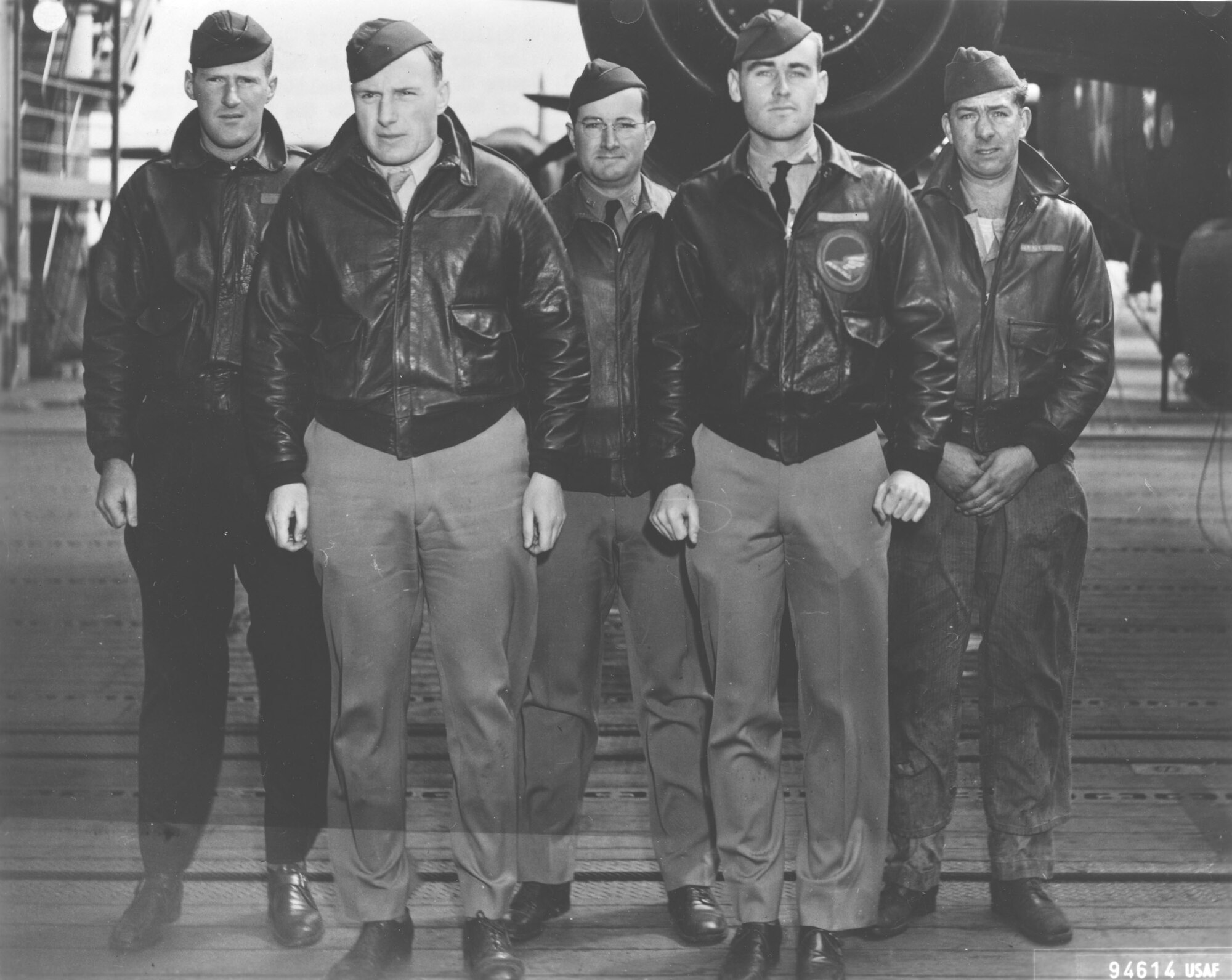 Crew No. 15 (Plane #40-2267, target Nagoya): 89th Reconnaissance Squadron, Lt. Donald G. Smith, pilot; Lt. Griffith P. Williams, copilot; Lt. Howard A. Sessler, navigator/bombardier; Lt. Thomas R. White, flight engineer; Sgt. Edward J. Saylor, gunner. (U.S. Air Force photo)