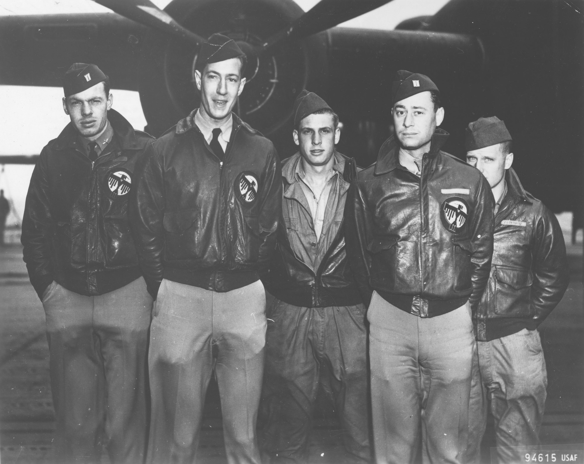Crew No. 16 (Plane #40-2268, target Nagoya): 34th Bombardment Squadron, Lt. William G. Farrow, pilot; Lt. Robert L. Hite, copilot; Lt. George Barr, navigator; Cpl. Jacob D. DeShazer, bombardier; Sgt. Harold A. Spatz, flight engineer/gunner. (U.S. Air Force photo)