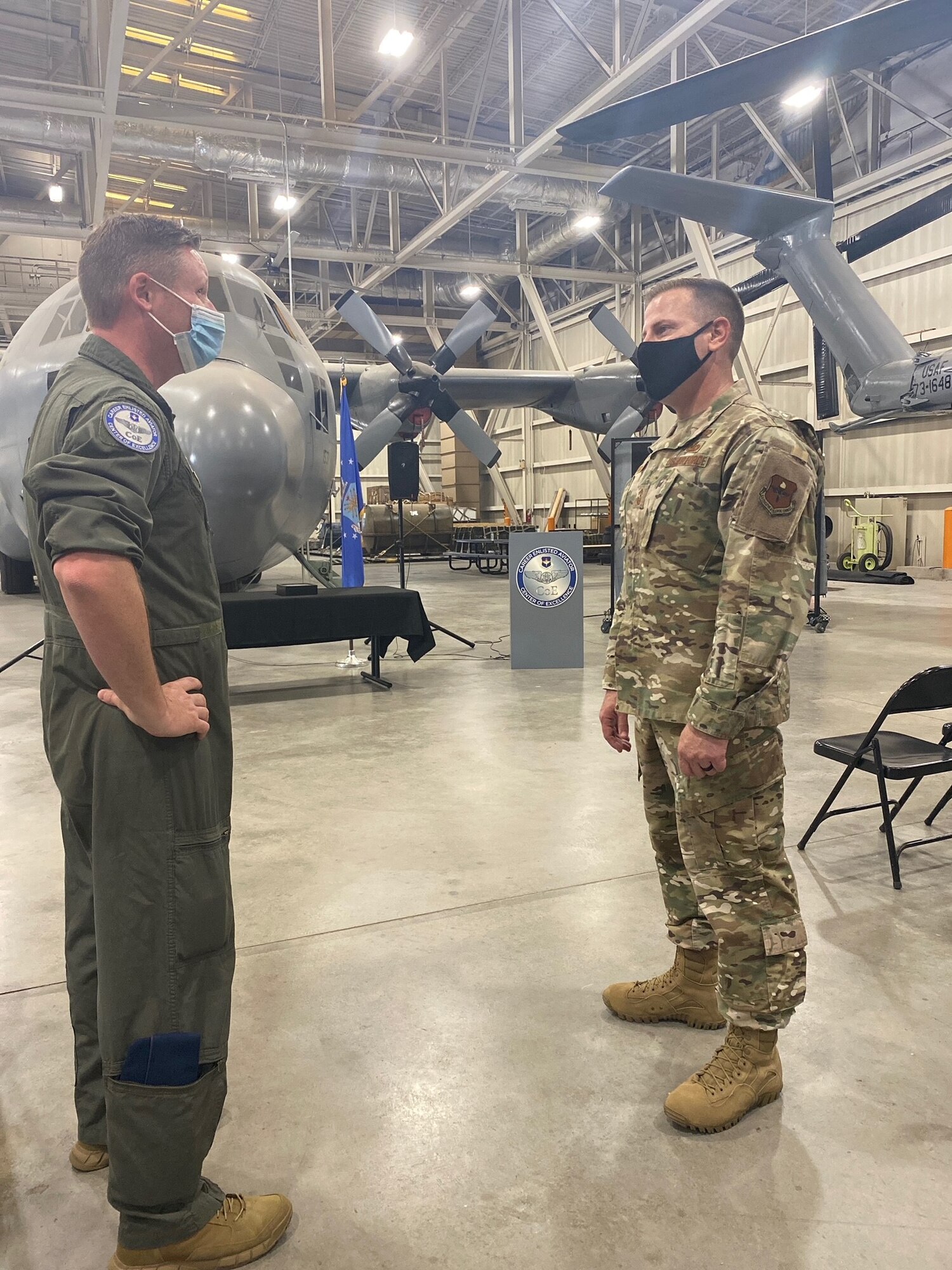 Chief Morgan talks with Master Sgt. Dalton at the CEA COE.