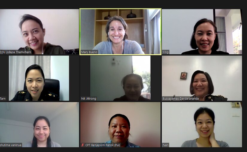 Screen shot of instructors from DLIELC MTT on Zoom teaching English to Thai students.